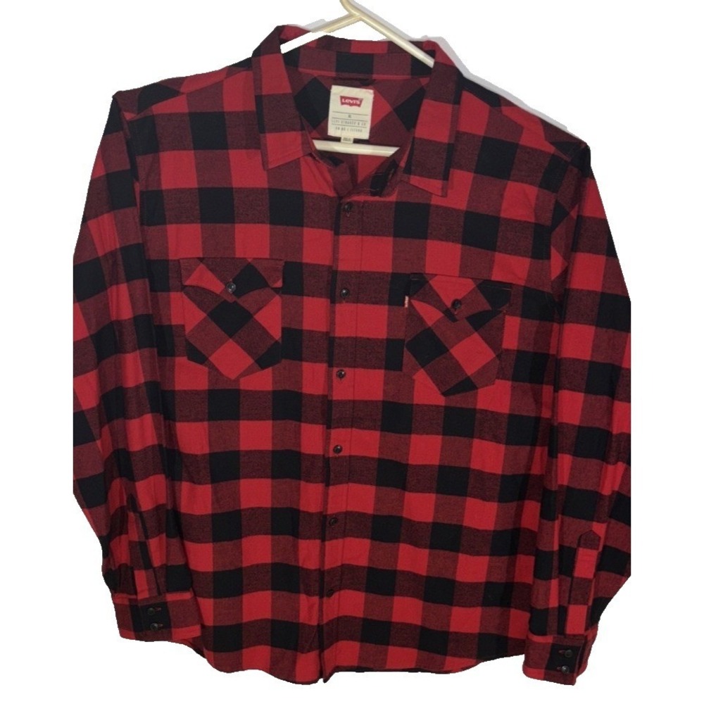 Levis‎ Mens XL Red Black Buffalo Check Flannel Shirt Long Sleeve Button Pockets